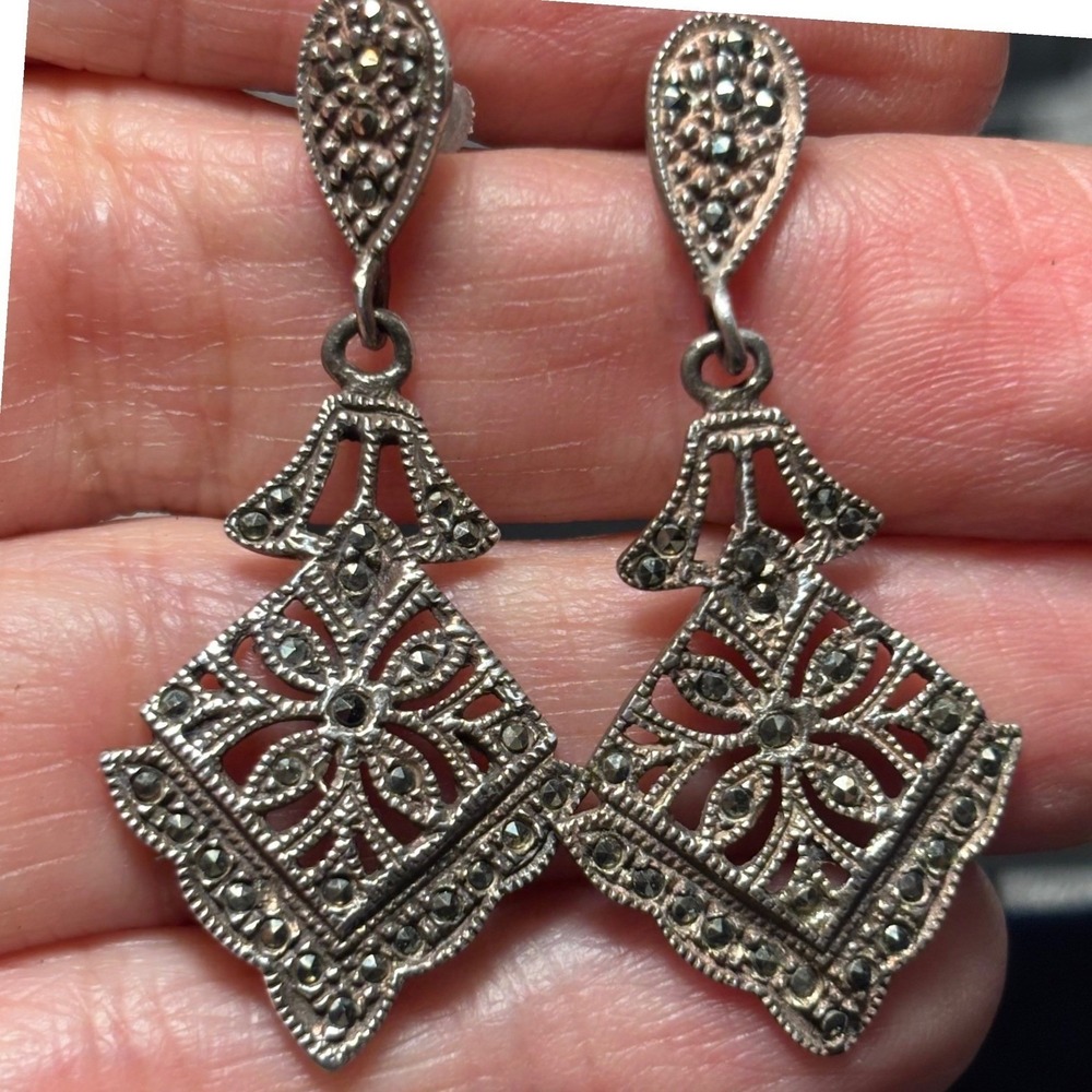 Vintage Drop Earrings Silver Marcasite Art Deco Geometric Sterling 925 Dangle